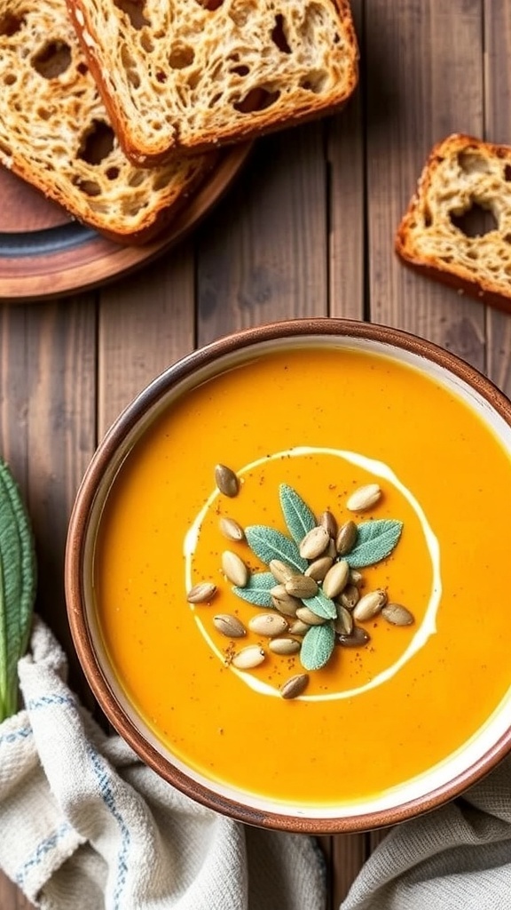 A bowl of creamy pumpkin and sage soup garnished with pumpkin seeds and sage leaves on a rustic table with bread.